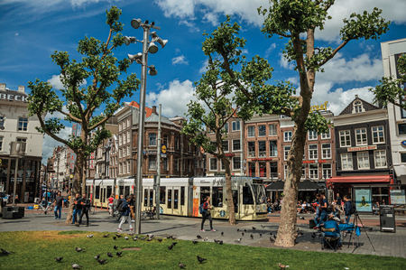 Amsterdam, northern Netherlands - June 26, 2017. People at Rembrandt Square, tram and typical buildings with blue sky in Amsterdam. Famous for its huge cultural activity, graceful canals and bridges.のeditorial素材