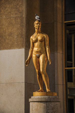 Paris, France - July 07, 2017. Statue of golden woman and dove in front of building at the Trocadero in Paris. Known as one of the world's most impressive cultural centers. Northern France.のeditorial素材