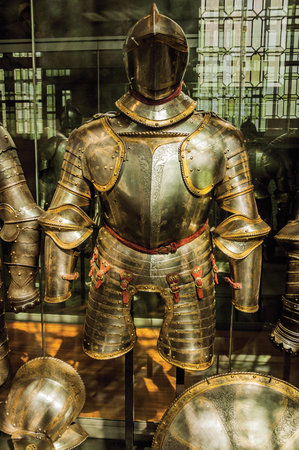 Paris, northern France - July 07, 2017. Close-up of original medieval armor in the Army Museum of the Palace Les Invalides in Paris. Known as one of the most awesome world's cultural center.のeditorial素材