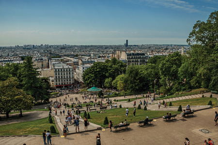 Paris, France - July 08, 2017. View of the skyline from the top of the butte Montmartre in Paris. Known as the "City of Light", it is one of the most impressive cultural centers in the world. Northern France.のeditorial素材