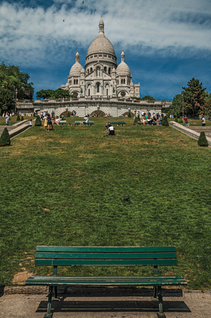 Paris, France - July 08, 2017. People, lawn and Basilica of the Sacre Coeur at Montmartre in Paris. Known as the "City of Light", it is one of the world's most awesome cultural centers. Northern France.のeditorial素材