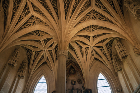 Paris, France - July 08, 2017. Columns and ceiling in Gothic style in the Cluny Museum, in Paris. Known as the "City of Light", it is one of the most impressive cultural centers in the world. Northern France.のeditorial素材