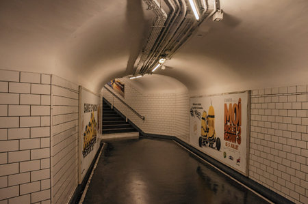 Paris, northern France - July 09, 2017. Advertising and stairs in passageway linking stations of the...