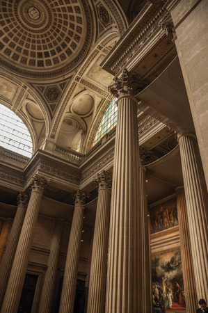 Paris, northern France - July 12, 2017. Pantheon inside view with high ceiling, columns, statues and paintings richly decorated in Paris. Known as one of the world's most impressive cultural centers.のeditorial素材