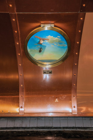 Paris, northern France - July 09, 2017. Detail of porthole at Arts et Metiers subway station in...