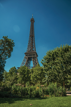 Overview of Eiffel tower and greenery under sunny blue sky in Paris. Known as the "City of Light", it is one of the most impressive cultural centers in the world. Northern France.の写真素材
