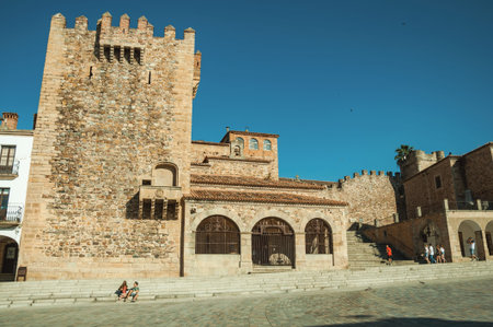 Caceres, Spain - July 03, 2018. Old buildings in the Main Square with stairs leading to the...