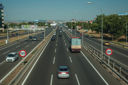 Madrid, Spain - July 23, 2018. Highway with heavy traffic in a business district near the Barajas Airport at Madrid. Capital of Spain this charming metropolis has vibrant and intense cultural life.のeditorial素材