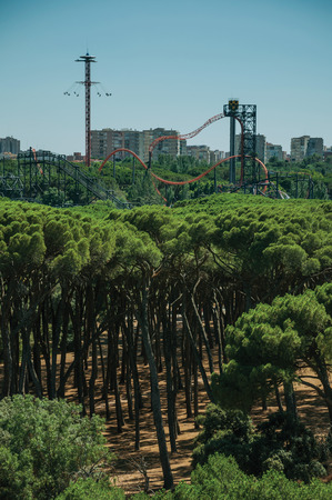 Dense green forest with roller coaster in Amusement Park on the horizon, seen from the Teleferico Park of Madrid. Capital of Spain this charming metropolis has vibrant and intense cultural life.の写真素材