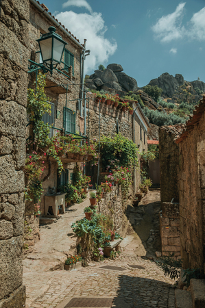 Charming facade of old stone houses with balconies and flowered plants in deserted alley, on a sunny day at Monsanto. Considered one of the cutest and most peculiar historic village of Portugal.の写真素材