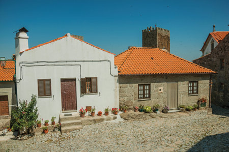 Charming old houses and flowered pots on cobblestone alley, in a sunny day at Linhares da Beira. A medieval hamlet with unique architectural diversity fruit of several times, in eastern Portugal.の写真素材