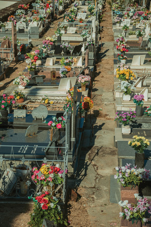 Guarda, Portugal - July 21, 2018. Cemetery with crypts and marble tombs decorated by flowers at Guarda. This friendly and well-kept medieval town is the highest in the continental Portugal.のeditorial素材