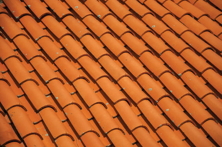 Close-up of shingles on rooftop from an old house, forming a singular background in a sunny day at...