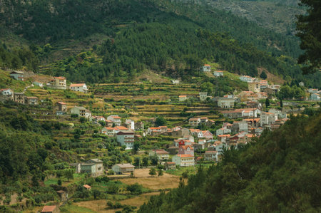 Hilly landscape covered by trees and terraced fields with the roofs of Alvoco da Serra underneath. A cute village clinging on a steep valley in the Serra da Estrela highland on eastern Portugal.の写真素材