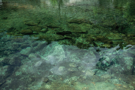 Crystal clear water in small pond with stones on the bottom, in a cloudy day near Loriga. Known as...