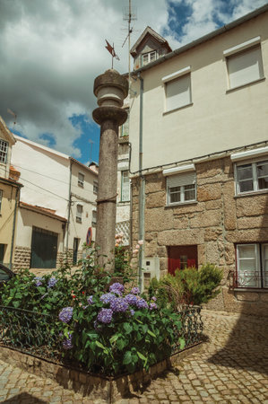 Stone pillory with flowered bushes in a small square with old houses, in a cloudy day at Loriga....
