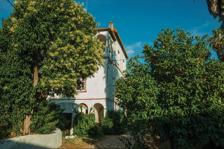 Charming cottage amidst lush green trees on sunset, in the courtyard of small farm near Elvas. A gracious star-shaped fortress city on the easternmost frontier of Portugal.のeditorial素材
