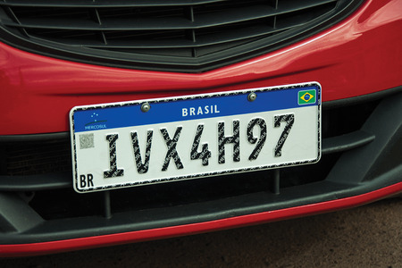 Cambara do Sul, Brazil - July 19, 2019. Car license plate with new design used by countries from Mercosur (Southern Common Market) at Cambara do Sul. A small rural town in eastern of Rio Grande do Sulのeditorial素材