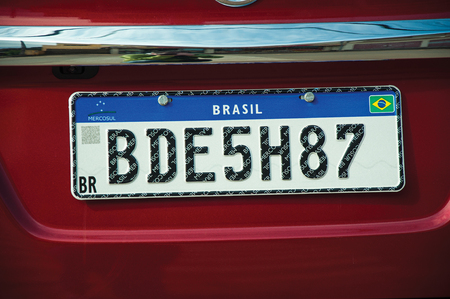 Cambara do Sul, Brazil - July 19, 2019. Car license plate with new design used by countries from Mercosur (Southern Common Market) at Cambara do Sul. A small rural town in eastern of Rio Grande do Sulのeditorial素材