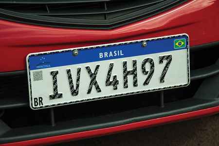 Cambara do Sul, Brazil - July 19, 2019. Car license plate with new design used by countries from Mercosur (Southern Common Market) at Cambara do Sul. A small rural town in eastern of Rio Grande do Sulのeditorial素材