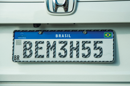 Cambara do Sul, Brazil - July 19, 2019. Car license plate with new design used by countries from Mercosur (Southern Common Market) at Cambara do Sul. A small rural town in eastern of Rio Grande do Sulのeditorial素材