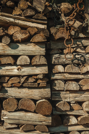 Detail of a pile of cut rustic wood in a sunny day, forming a singular background on a farm near...