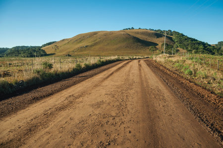 Deserted dirt road passing through rural lowlands called Pampas with green hills and trees near Cambara do Sul. A small country town in southern Brazil with amazing natural tourist attractions.の写真素材