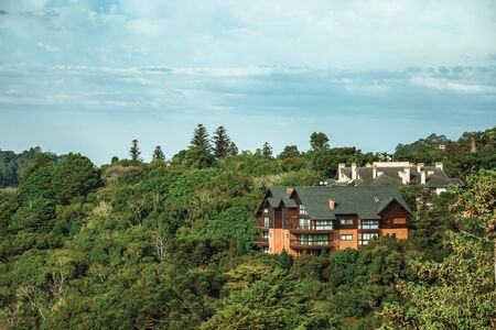Landscape of the Quilombo Valley with hills covered by lush forest view from the Belvedere lookout near Gramado. A cute european-influenced town in southern Brazil, highly sought after by tourists.の写真素材