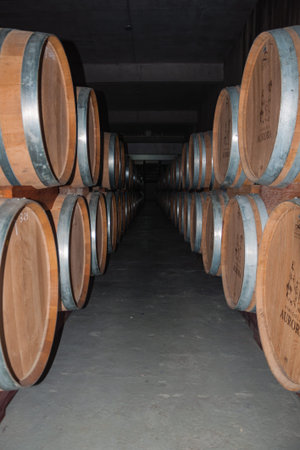 Bento Goncalves, Brazil - July 11, 2019. Corridor with several wood barrels for storage and wine...