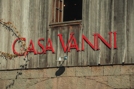 Bento Goncalves, Brazil - July 11, 2019. Company sign on a wood wall with the Casa Vanni name, a countryside restaurant near Bento Goncalves. A friendly country town famous for its wine production.のeditorial素材