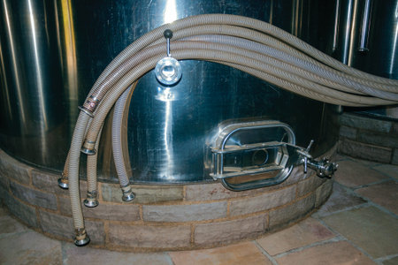 Bento Goncalves, Brazil - July 13, 2019. Stainless steel storage tank for wine with pipes and hatch...
