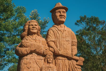 Nova Petropolis, Brazil - July 20, 2019. Sculpture detail of immigrant family at Sculpture Park Stones of Silence near Nova Petropolis. A lovely rural town founded by German immigrants.のeditorial素材