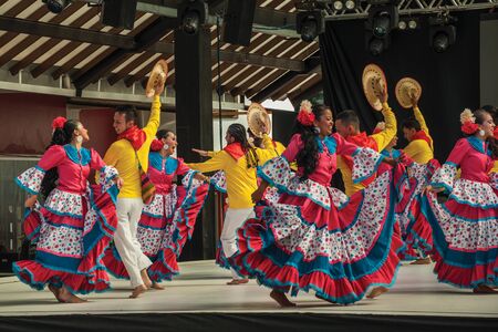 Nova Petropolis, Brazil - July 20, 2019. Colombian folk dancers performing a typical dance on 47th International Folklore Festival of Nova Petropolis. A rural town founded by German immigrants.のeditorial素材