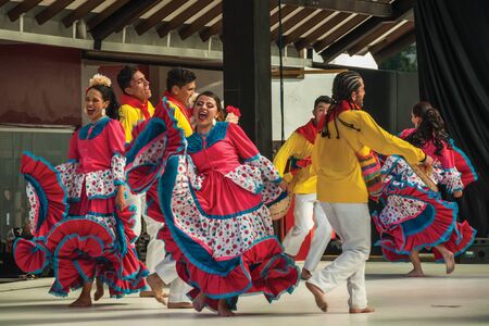 Nova Petropolis, Brazil - July 20, 2019. Colombian folk dancers performing a typical dance on 47th International Folklore Festival of Nova Petropolis. A lovely rural town founded by German immigrants.のeditorial素材