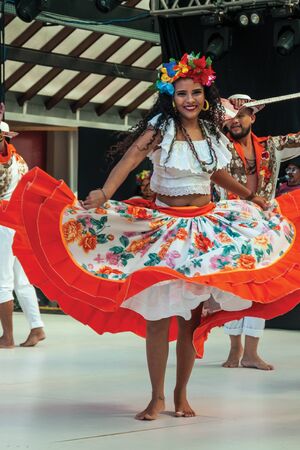 Nova Petropolis, Brazil - July 20, 2019. Brazilian female folk dancer performing a typical dance on 47th International Folklore Festival of Nova Petropolis. A rural town founded by German immigrants.のeditorial素材