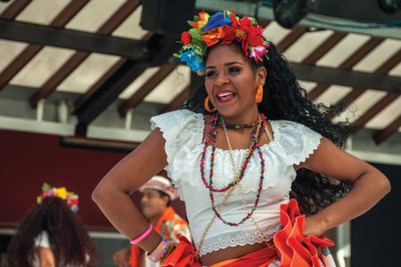 Nova Petropolis, Brazil - July 20, 2019. Brazilian female folk dancer performing a typical dance on 47th International Folklore Festival of Nova Petropolis. A rural town founded by German immigrants.のeditorial素材