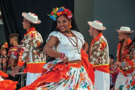 Nova Petropolis, Brazil - July 20, 2019. Brazilian female folk dancer performing a typical dance on 47th International Folklore Festival of Nova Petropolis. A rural town founded by German immigrants.のeditorial素材