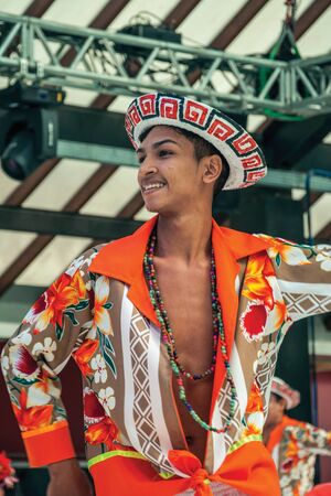 Nova Petropolis, Brazil - July 20, 2019. Brazilian male folk dancer performing a typical dance on 47th International Folklore Festival of Nova Petropolis. A rural town founded by German immigrants.のeditorial素材