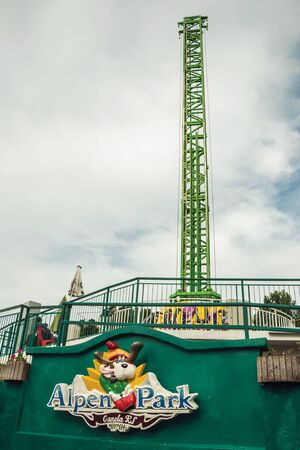 Canela, Brazil - July 21, 2019. The Alpen Turbo Drop ride and logo of Alpen amusement park near Canela. A charming small town very popular by its ecotourism.のeditorial素材