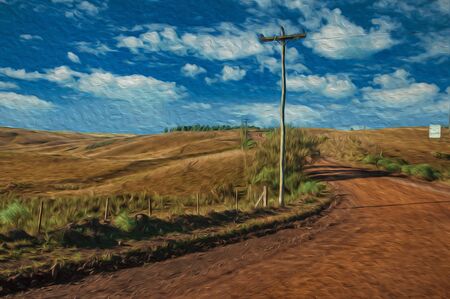 Deserted dirt road in a rural lowlands called Pampas with green hills and trees near Cambara do Sul. A small country town in southern Brazil with amazing natural tourist attractions. Oil Paint filter.の写真素材