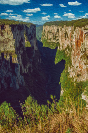 Itaimbezinho Canyon with steep rocky cliffs in a flat plateau covered by forest near Cambara do Sul. A small country town in southern Brazil with amazing natural tourist attractions. Oil Paint filter.の写真素材