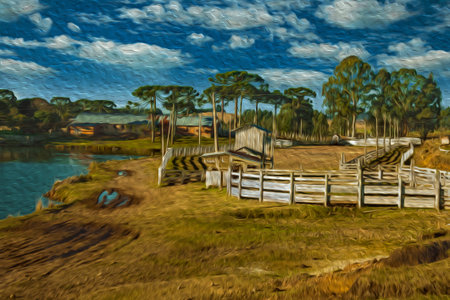 Charming ranch with wooden sheds and fences in rural lowlands called Pampas near Cambara do Sul. A...