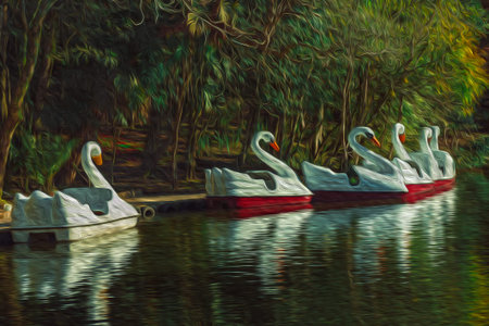 Detail of fiberglass pedal boats in the shape of swan on a lake at the Immigrant Village Park of Nova Petropolis. A lovely rural town founded by German immigrants in southern Brazil. Oil Paint filter.の写真素材