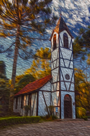 Church with belfry in traditional German-influenced style and trees at the Immigrant Village Park of Nova Petropolis. A lovely town founded by German immigrants in southern Brazil. Oil Paint filter.の写真素材