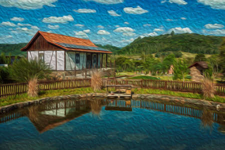 House in German-influenced style with pond in the Sculpture Park Stones of Silence near Nova Petropolis. A lovely rural town founded by German immigrants in southern Brazil. Oil Paint filter.のeditorial素材