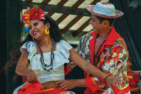 Nova Petropolis, Brazil - July 20, 2019. Couple of Brazilian folk dancers performing a typical dance at Nova Petropolis. A lovely rural town founded by German immigrants. Oil Paint filter.のeditorial素材