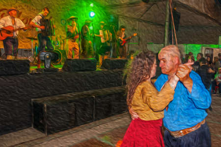 Canela, Brazil - July 21, 2019. People dancing traditional songs performed by musicians on a folkloric festival in Canela. A charming small town very popular by its ecotourism. Oil Paint filter.のeditorial素材
