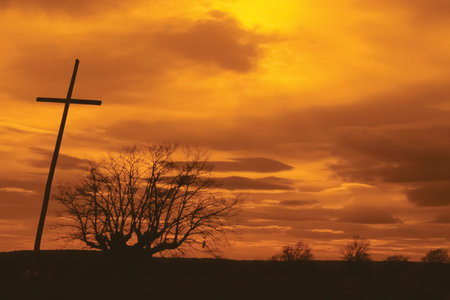 Crucifix and leafless tree on horizon with orange cloudy sky on the Way of St. James. A famous pilgrimage route leading to Santiago de Compostela in northern Spain.の写真素材