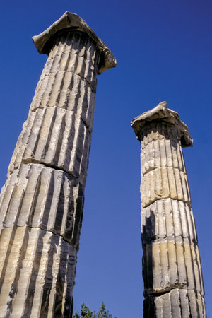 Detail of marble columns with ionic capitals in an ancient Greek temple at Priene. An amazing...