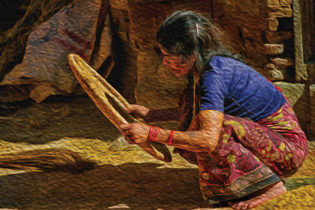 Squatting woman selecting rice in a straw sieve at Kathmandu. The exotic and chaotic capital of Nepal, at the bottom of the Himalayan mountain range. Oil Paint filter.の写真素材